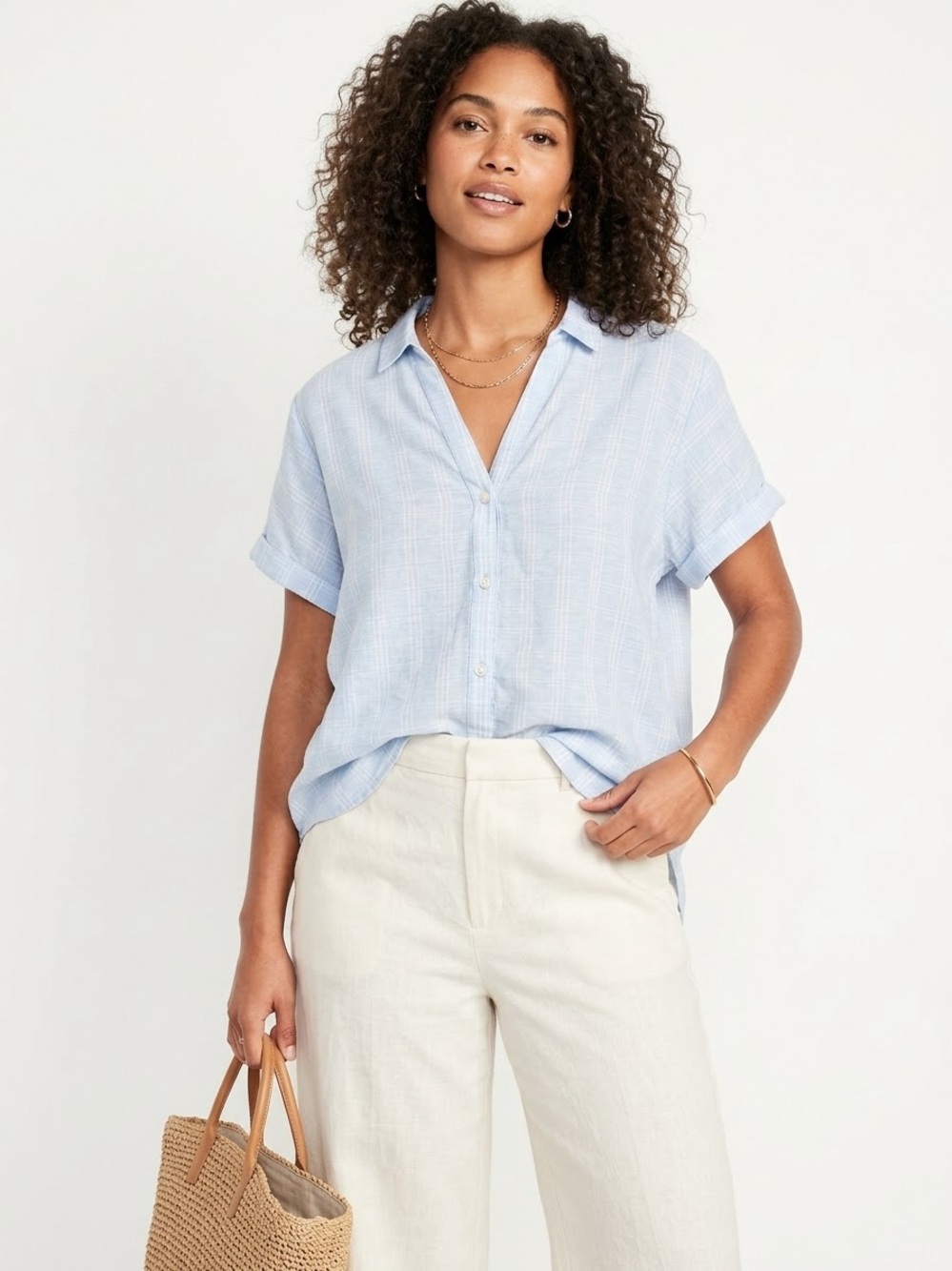 Tommy Bahama Womens 100% Linen Shirt Light Blue Plaid Coastal Resort Top L/XL
